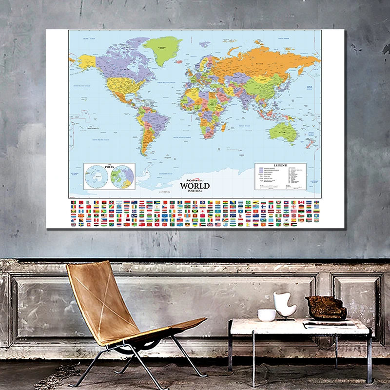 

150x100cm Foldable The World Political Map with National Flags Waterproof Large World Map Wall Sticker for Culture and Travel