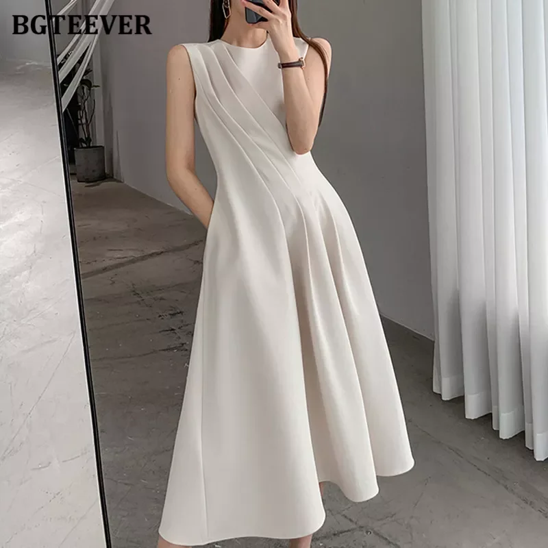 

BGTEEVER Elegant O-neck Women A-line Dress Spring Summer Sleeveless Slim Waist Female Solid Dress Ladies Midi Vestidos 2022