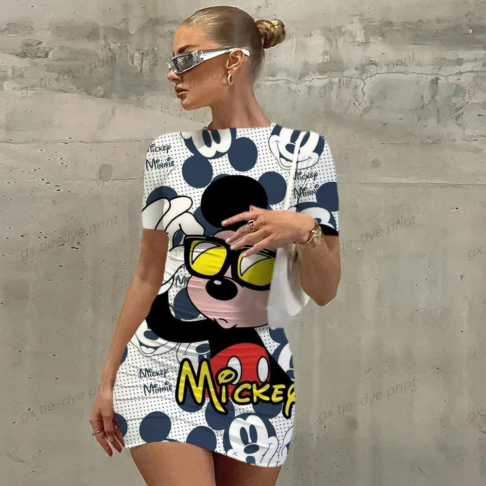 

2023 Summer Women Disney Cool Mickey Mouse Print Mini Dress Sexy Bodycon Vestidos Sexy Party O-Neck Summer Bodycon Club Wear