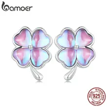 Bamoer 925 Sterling Silver Lucky Four Leaf Clover Stud Earrings Fantasy Color Earrings for Women Party Fine Jewelry Gift BSE914