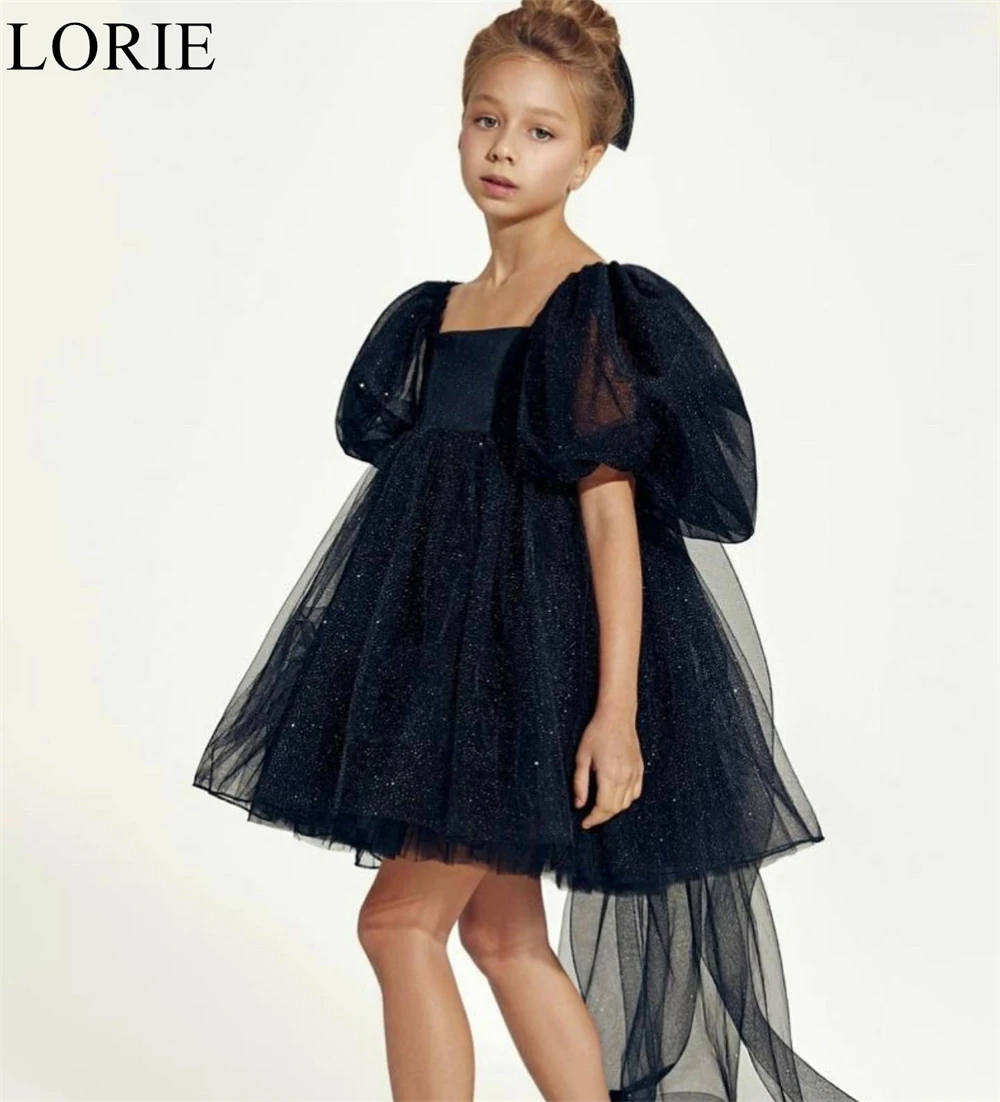 Фото LORIE милое блестящее черное платье с цветочным узором для девочек с квадратным вырезом, плиссированное трапециевидное платье с лентой и пышными рукавами, 2025 блестящее платье на день рождения по индивидуальному заказу №3