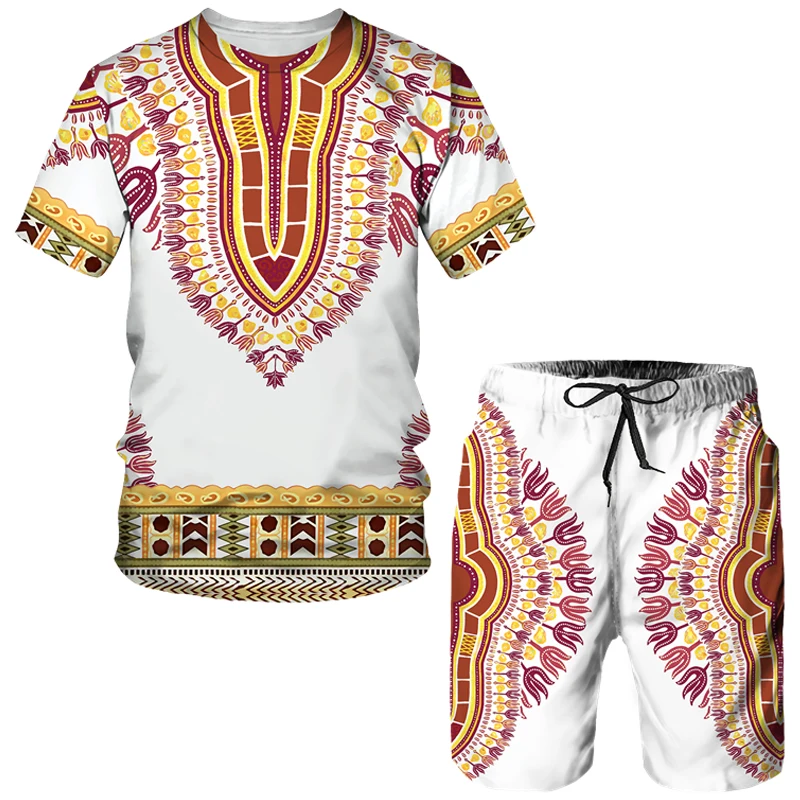 Men's Summer T Shirt Set Casual Short Sleeve Suit Tracksuit Fashion 3D Africa Style Printed Streetwear 2 Piece Oversized