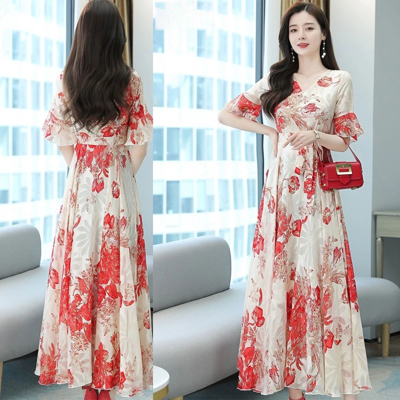

New style Womens V-Neck Floral Printed Maxi Dress Summer Boho Dress Lace Up Long Dress