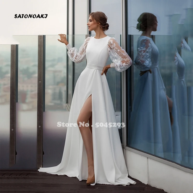 

Boho Modern Satin Wedding Dress with Illusion Long Sleeve O-neck Dubai Sexy Side Split Bridal Gown Vestidos De Novia Robe Mariée