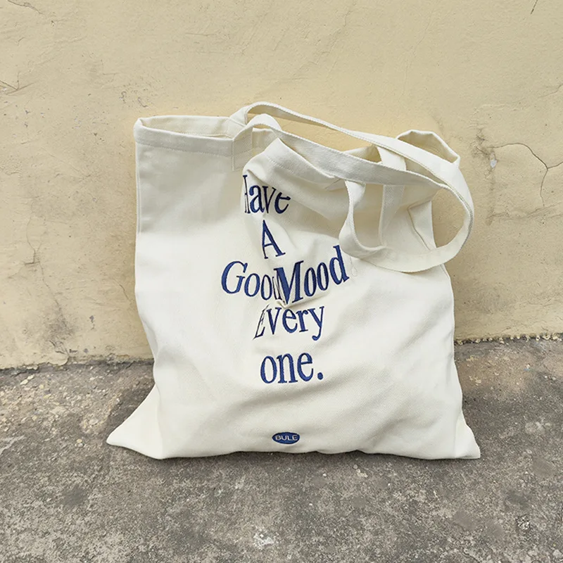 

Embroidery Blue Letter Women's Canvas Shoulder Bag Casual Girls Student Book Tote Handbags Large Capacity Female Shopping Bag