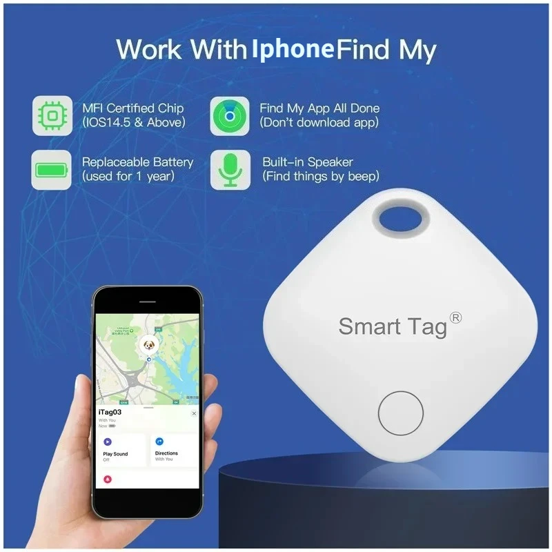 Фото Умный Bluetooth-трекер CD Smart Tag с GPS для iOS/iPhone, совместимый с приложением Find My, сертифицированный MFI, устройство защиты от потери, локатор для iPhone. №2