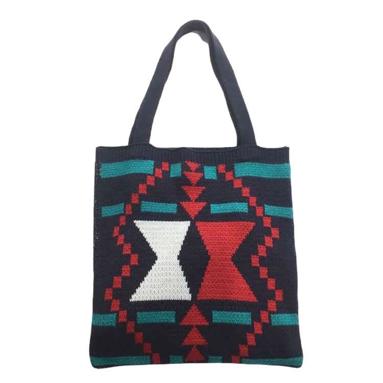 

Female Aztec Knitting Top-handle Tote Bag Women Casual Bohemina Gypsy Hippie Hobo Chic Crochet Soft Woolen Daily Open Handbag
