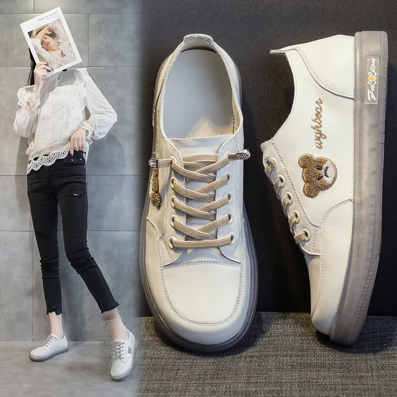

Women Flat Shoes Sneakers Genuine Leather Lace Solid Color Non-slip Breathable Casual