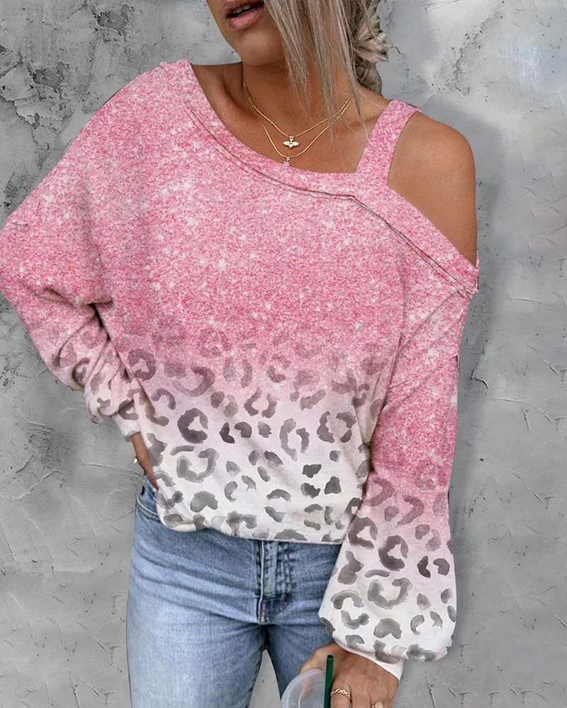 

Women Leopard Print Ombre Cold Shoulder Sweatshirt Long Sleeve Spring Summer Pullover T Shirt Top Fashion Casual Sexy