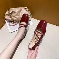 mary jane small leather shoes double buckle flat shoes womens retro patent leather square toe spring and autumn single shoes922