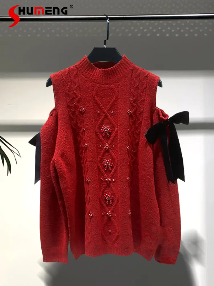 

Elegant Beaded Red Sweater Women 2022 Autumn New Loose Off-the-Shoulder Long Sleeve Half High Collar Pullover Woven Sweaters