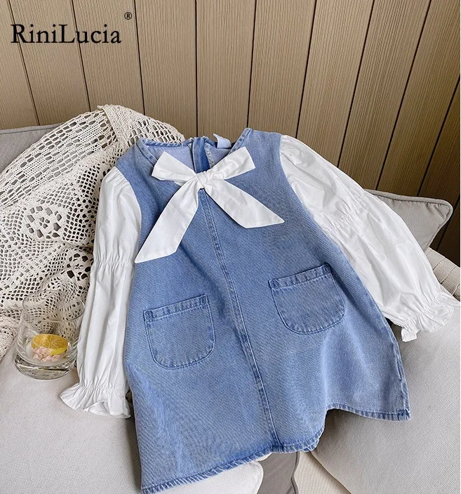 

RiniLucia Girls Dress Spring Clothing Denim Bow Stitching Dress Puff Sleeve Fashion Sweet Cute Girl Dress Girl Sweet Dress