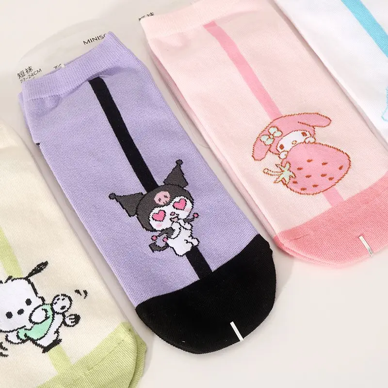 

Kawaii Sanrio Hellokitty Mymelody Kuromi Cinnamoroll Pompom Purin Cute Fun Short Socks for Ladies Cute and Breathable
