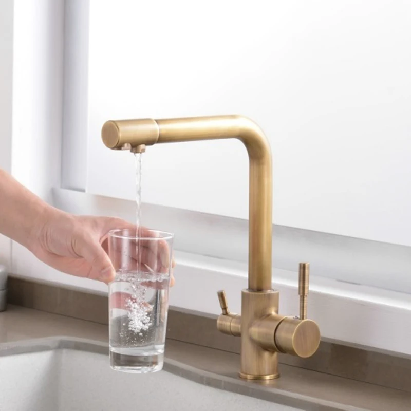 Gold Kitchen Faucets With Filtered Water Deck Mounted Drinking Water Mixer Tap Brass Gold Kitchen Faucet Filter images - 6