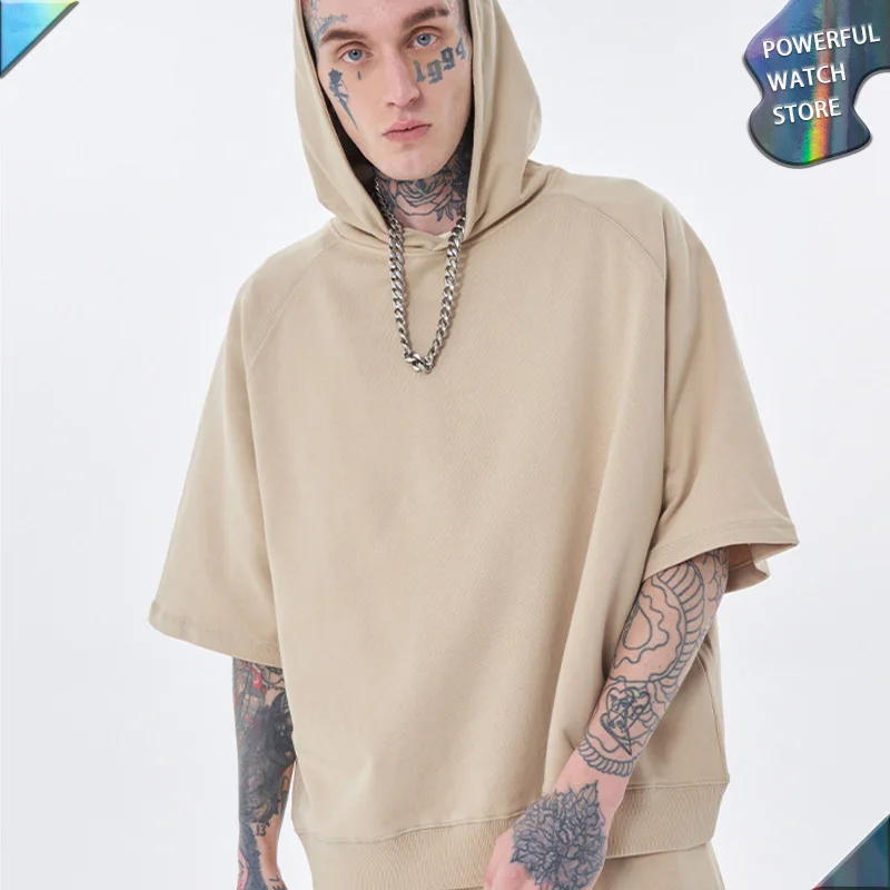 

2022 Summer New All-match Casual Japanese and Korean Men's Solid Color Short-sleeved Hoodie Fashion Loose Hip Hop Short Sleeve