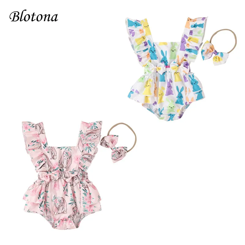 

Blotona Baby Girl Easter Jumpsuit, Casual Bunny Floral Print Ruffled Flying Sleeve Bowknot Patchwork Romper and Headband 0-18M