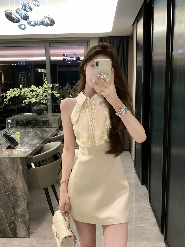 Французское кружевное платье без рукавов с подвесным воротником женское летнее