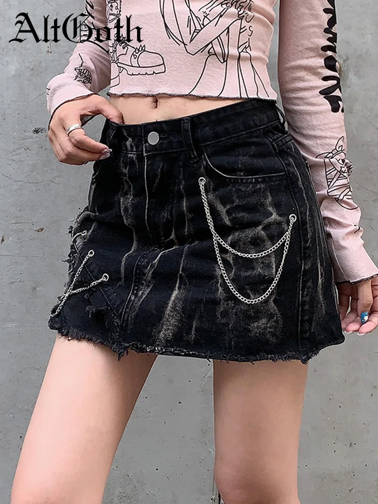 

AltGoth Harajuku Cyberpunk Denim Skirt Women Mall Gothic Y2k 2000s Streetwear Grunge Skirt with Chain Emo Alternative Clubwear