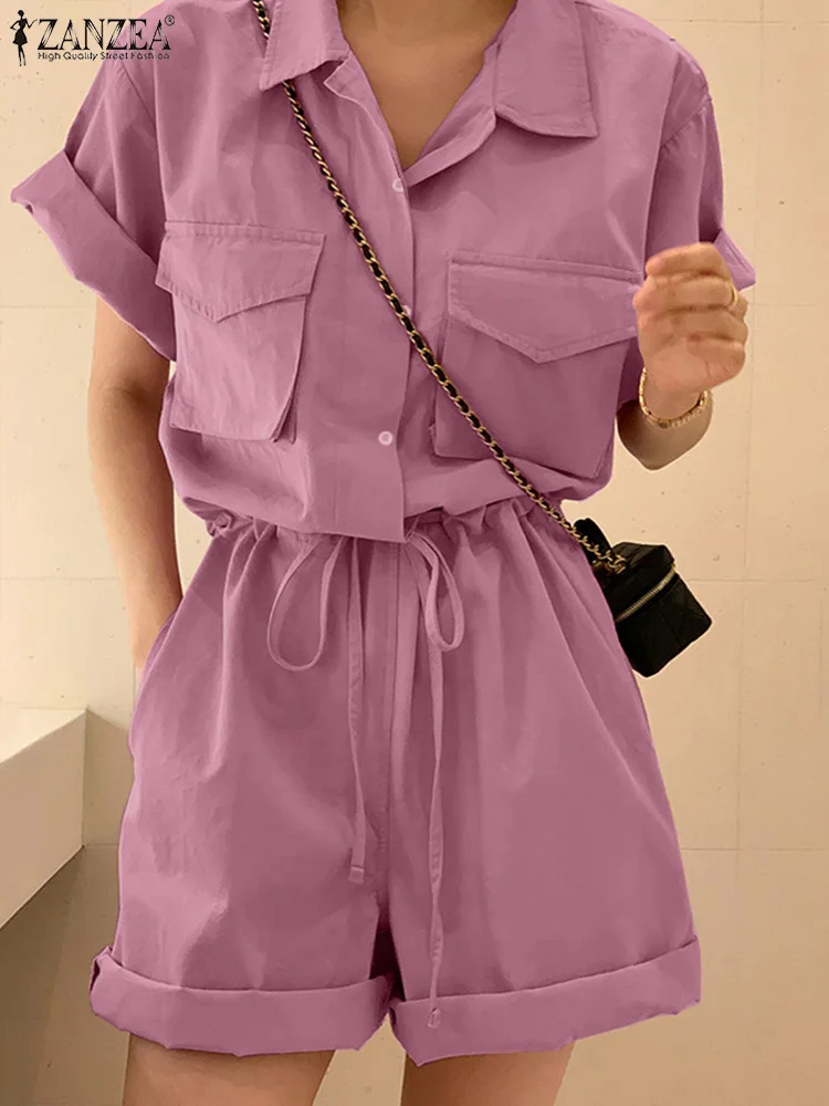

ZANZEA Women Lapel Neck Short Sleeve Loose Solid Oversized Fashion OL 2022 Cuffed Jumpsuit Drawstring Playsuit Overalls Rompers