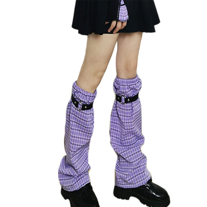 Women Harajuku Plaid Check Print Leg Warmers with Faux Leather Ring Gothic Punk  Foot Cover Socks Wide Leg Baggy 37JB