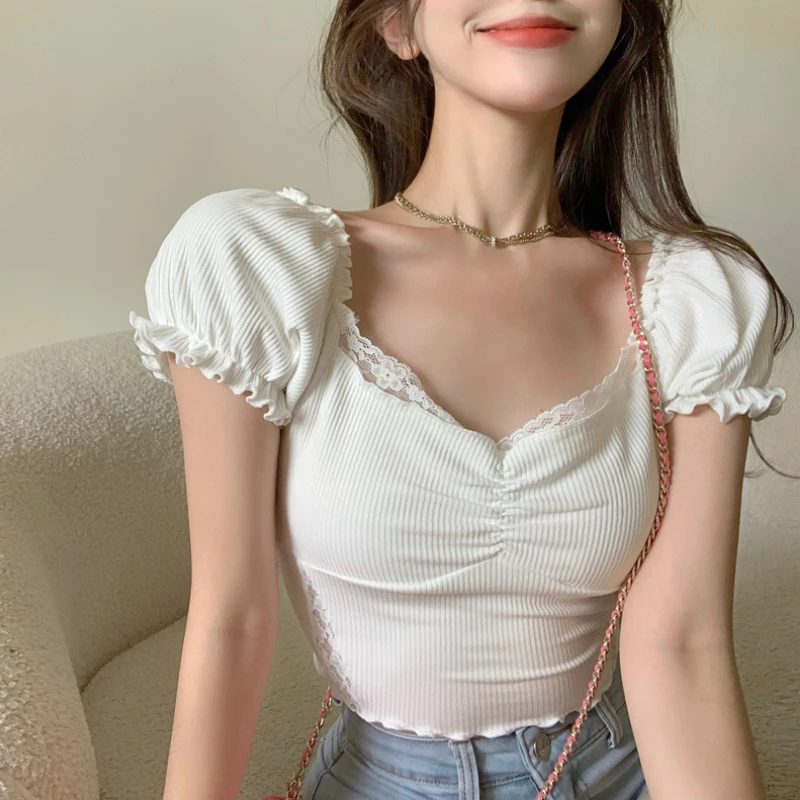 

Women's Short Trim White Short-sleeved T-shirts Lace Bubble Sleeve Sexy Female Tops 2023 Summer New Tees Streetwear Solid Color