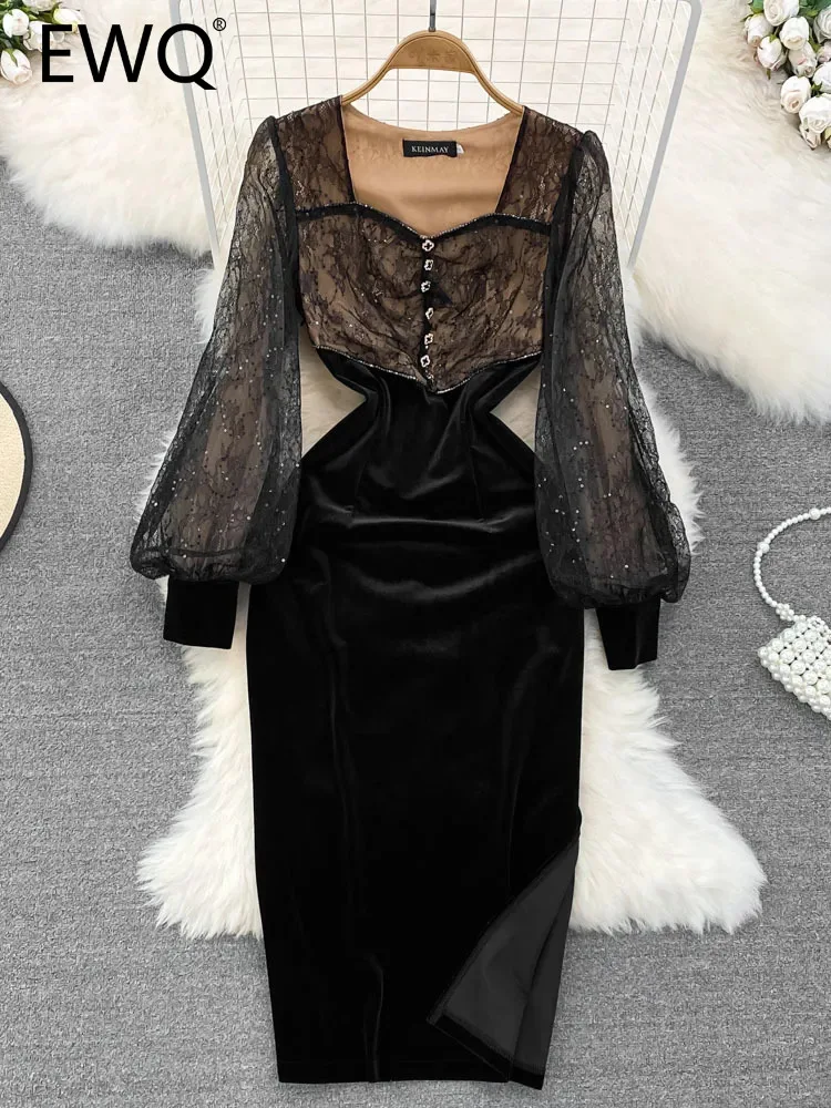 

Элегантное модное дизайнерское бархатное платье EWQ с квадратным воротником, длинными рукавами-фонариками, блестками и кружевами, в стиле пэчворк, Осень-зима 2023, новинка SN4206