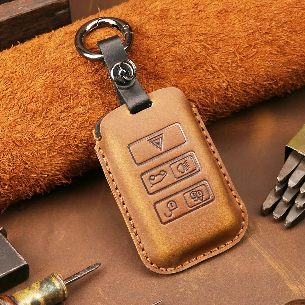 

1PC Car Key Cover Brown For Land Range Rover Discovery 5 Jaguar Remote Fob Leather Red Brand New