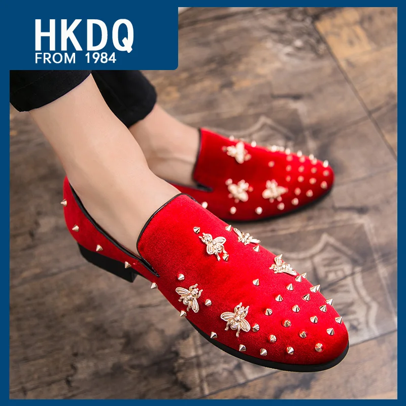 

HKDQ Trend Animal Corduroy Red Loafers For Men Breathable Slip-on Men's Social Shoes Comfortable Man Party Shoes Big Size 38-47
