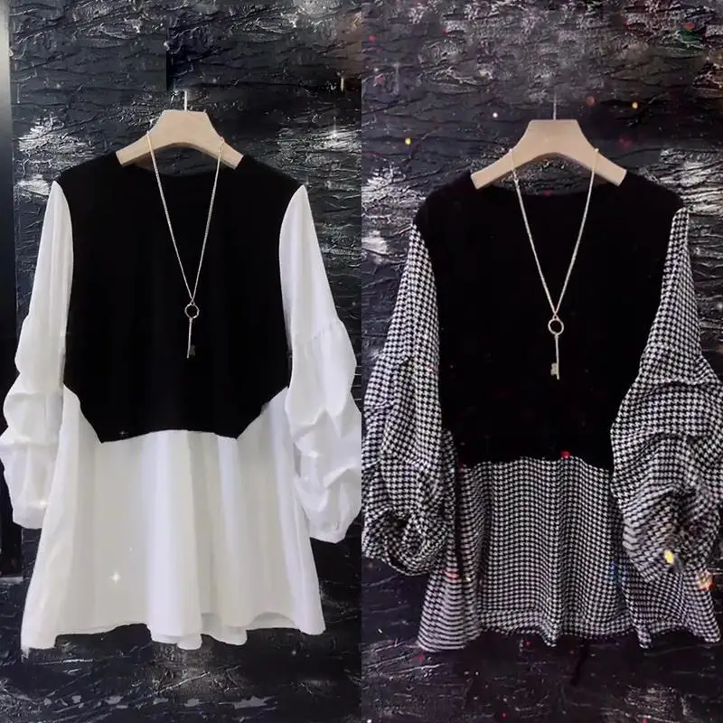 Женская одежда Корейская блузка с рисунком гусиные лапки стильная рубашка со