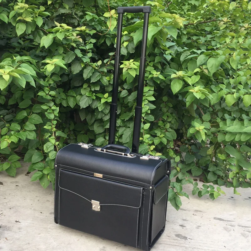 LeTrend Black PU Leather Rolling Luggage Suitcase Wheels 18 Inch Carry On Trolley Pilot Travel Bags Luggage Travel Suitcase