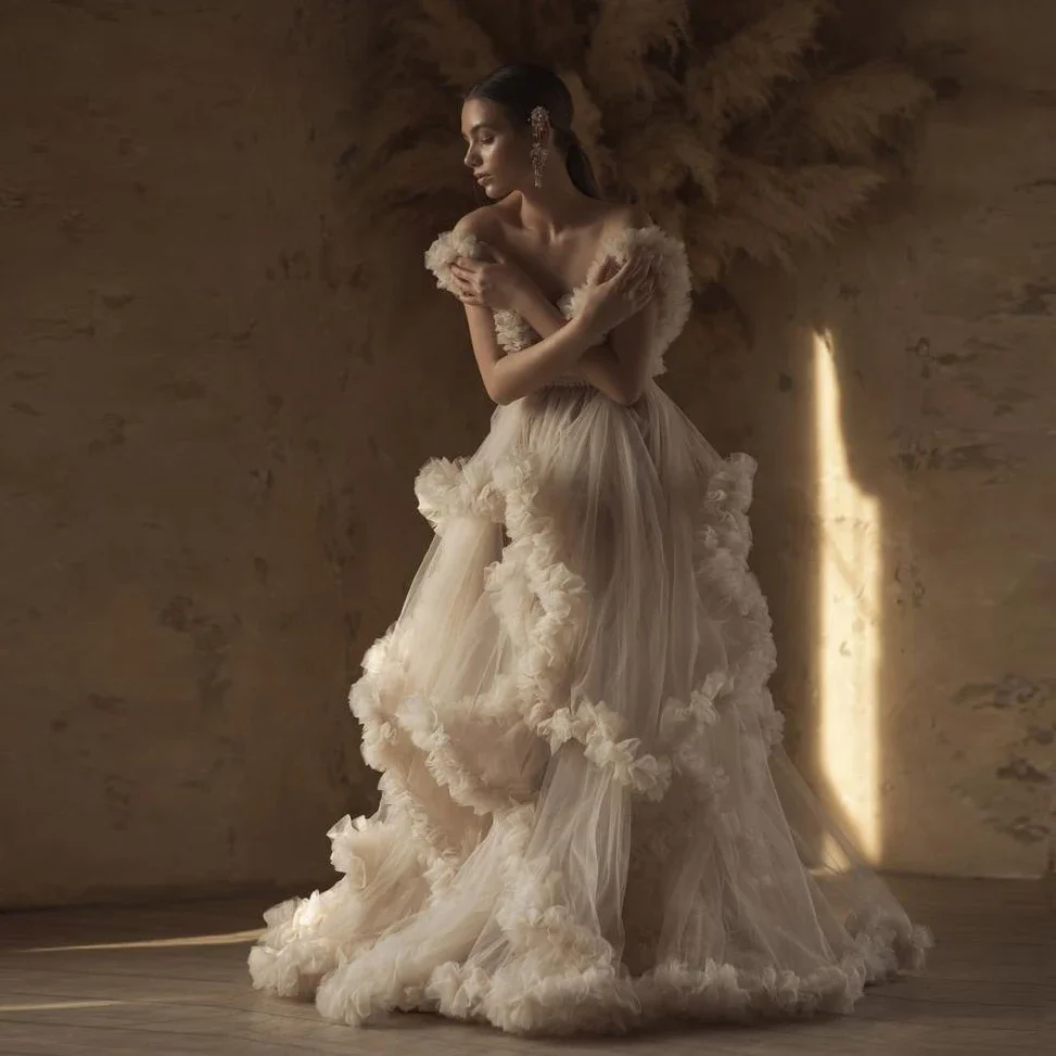 

Fluffy Tulle V Neck Maternity Dress To Photography Backless Lush Ruffles Tiered Pregnancy Gown Open Front Babyshower