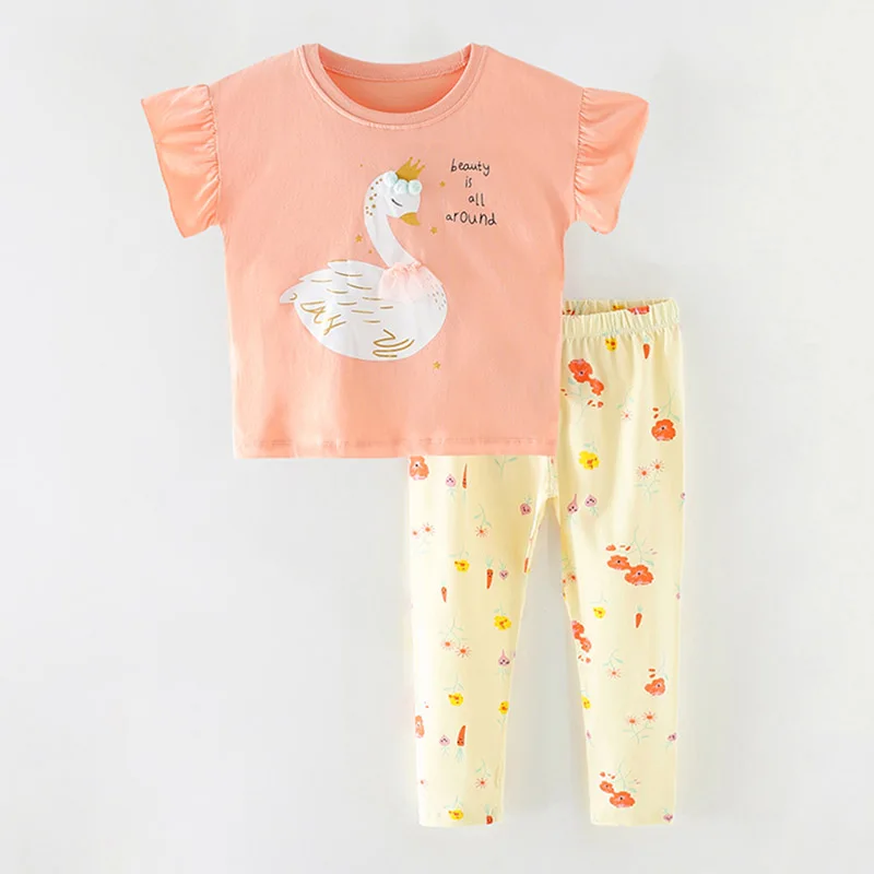 

Kids Girls Children's Clothing Suit Cartoon Baby Girl Clothes Sets Casual Summer 100% Combed Cotton tshirt Leggings Pants Outfit