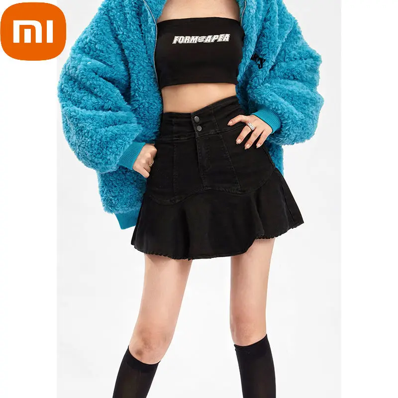 

Xiaomi Vintage Black Jeans Skirt Women Harajuku Punk Streetwear Korean Fashion Irregular Ruffle Button Pleated Denim Mini Skirt