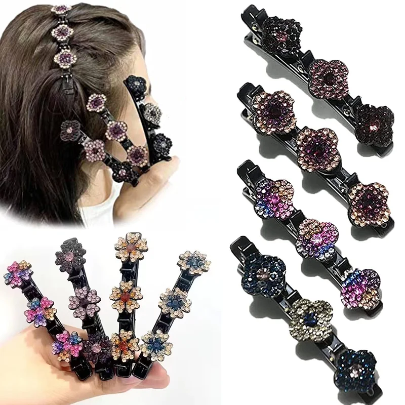 

New Fashion Sparkling Crystal Stone Hairpin 3 Flower Hair Clips For Women Braided Hair Duckbill Hair Claw Headwear Accessories