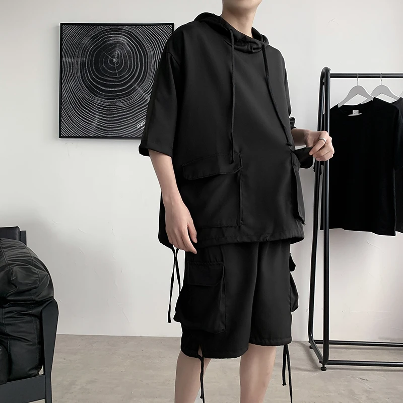 Sets Men Two Pieces Outfits Gothic Black Fashion Cargo Short Sleeve Hoodies Shorts Tactical Workout Handsome Male Bodybuilding