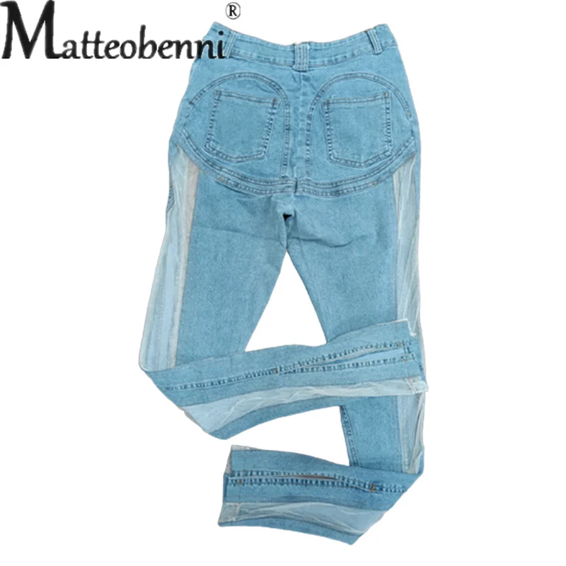 Sexy Hollow Out Splicing Slim Fit Jeans Ladies Summer Trend Streetwear Low Waist Pencil Denim Pants Women's Light Blue Trousers