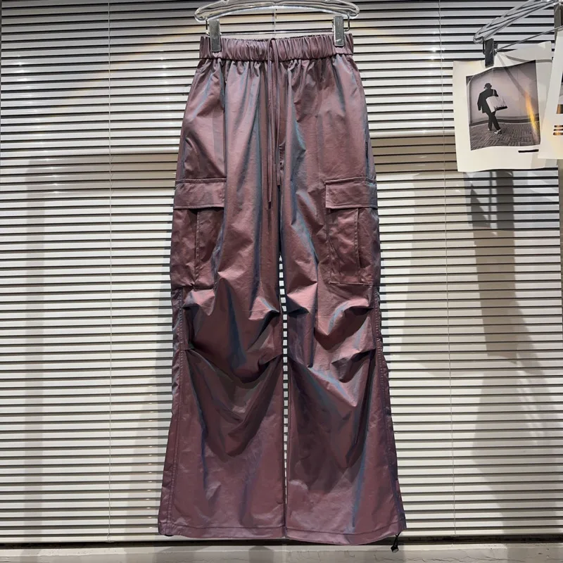 

BORVEMAYS Trousers 2023 Autumn New Stretch Drawstring Patchwork Gradient Reflective Coating Fabric Wide Leg Pants WZ3669