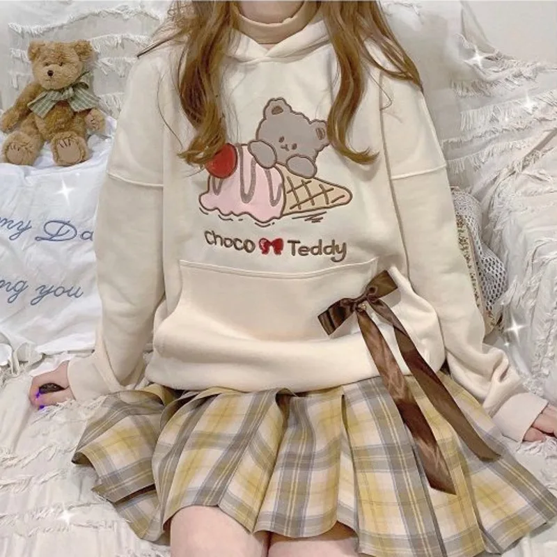 

2023 Autumn Winter Newest Girls Cute Hoodies Cherry Ice Cream Bear Embroidered Beige Hooded Sweatshirts Teenager Kawaii Clothes