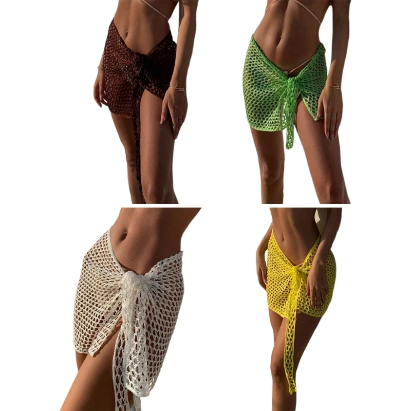 

Crocheted Beach Sarong-Pareo-Womens Sexy Semi-Sheer Swimwear Cover-Ups Side Tie Wrap Short Skirt for Swimwear-Beach