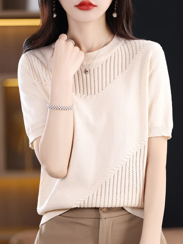 100% Cotton Pullover Women's Thin Sweater T-shirt Solid Color Fashion Elegant Short Sleeve Women's Round Neck T-shirt New in Sum