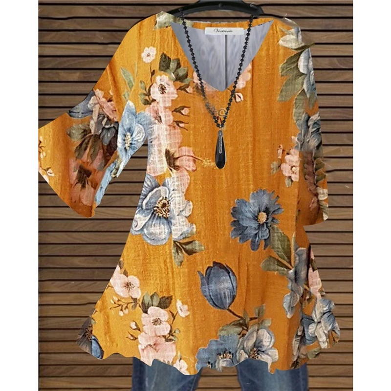 

Causal Short Sleeve Blouses For Women Vintage Cotton Linen Blouse Summer Tops Floral Print V Neck T Shirt Loose Tunic Tops Shirt