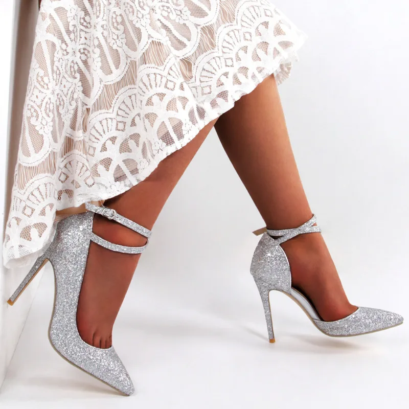 

Women's Pumps Wedding Bridal Stiletto Shoes Fashion Strap Buckle Pointed Toe Bridal Silver Thin High Heel Pumps