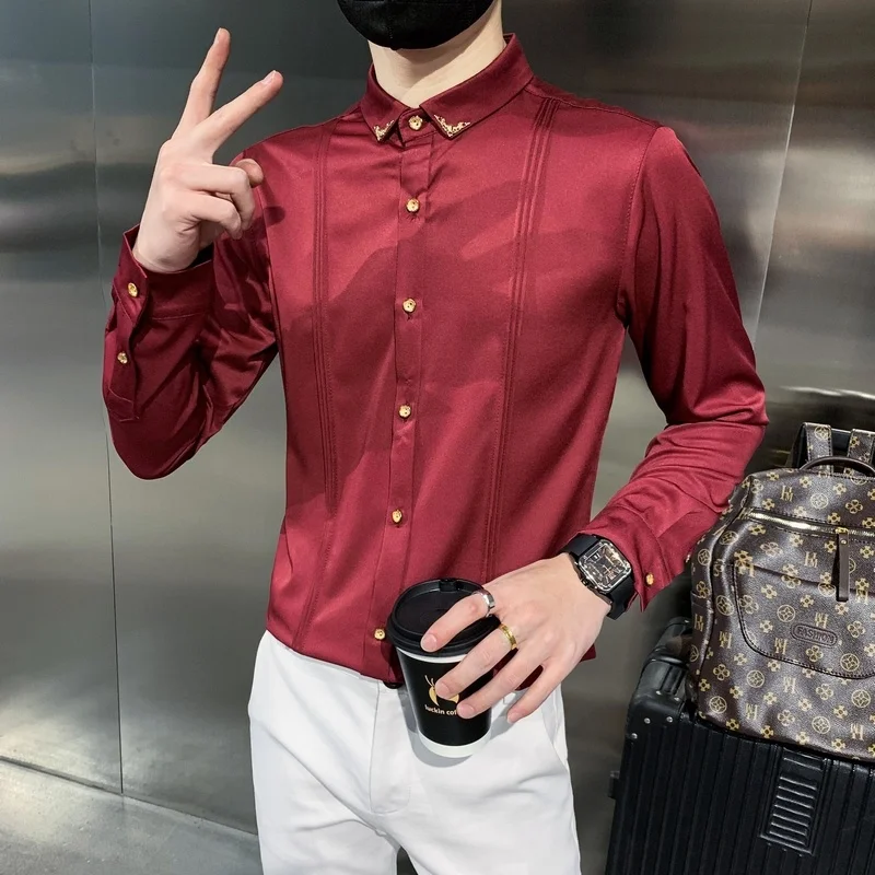 

Men Tuxedo Shirts Pleated Front Solid Mens Dress Shirts Casual Slim Fit Long Sleeve Wedding Evening Blouse Male Black Red White