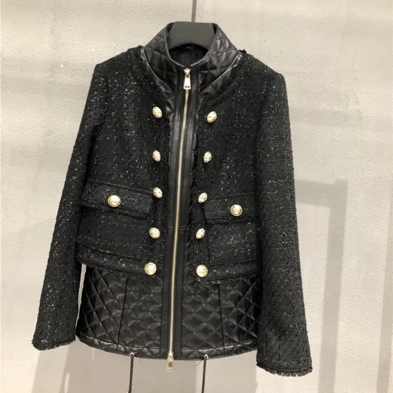 Jackets for Women Autumn 2022 Brand Loose Tweed Wool Stiching Genuine Leather Jacket Double Breasted Womens Sheepskin Coat