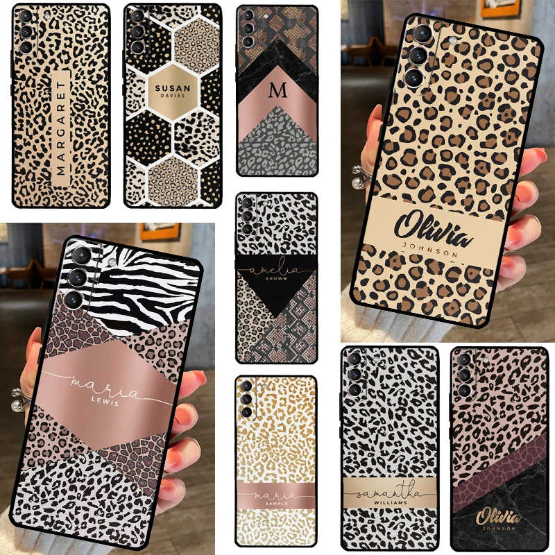 Custom Leopard Skin Rose Gold Name Case For Samsung Galaxy S23 S22 Ultra Plus S8 S9 S10 Plus Note 10 20 S21 FE S20 FE Cover