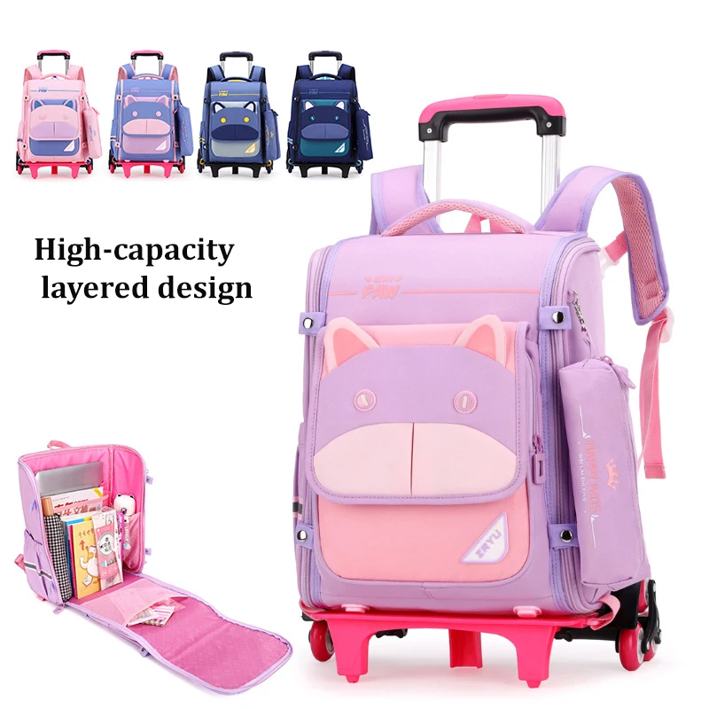 Cute School Bag for Kids Trolley School Backpack with Wheel 6 -12 Years Children Suitcase Bag Student Rolling Backpack Bag