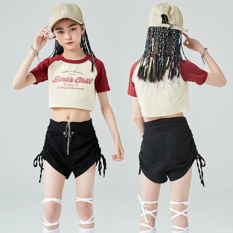 

Children Jazz Modern Dance Rave Clothes Short Sleeved Crop Tops Black Shorts Suit Girls Hip Hop Dance Performance Wear DQS13186