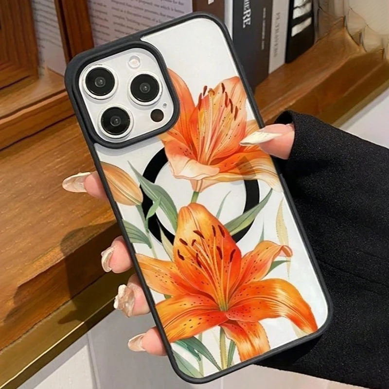 Фото Оранжевый магнитный чехол с узором в виде лилий для iPhone 17, 11, 16, 15, 14, 13, 12 Pro Max Plus, Air 17E, 16E, совместимый с беспроводной зарядкой MagSafe №5