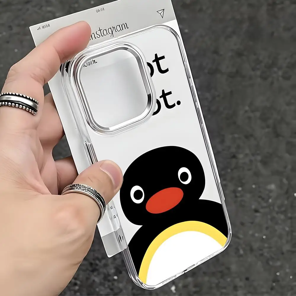 Фото Cute Ins style pingu Phone Case For iPhone17 16 15 14 13 12 11 Pro Max Plus Chrome Button Camera Ring Transparent Case №2