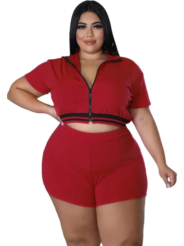 

5XL Plus Size Women Shorts Sets Zipper Crop Tops And High Waist Shorts Suit Summer New Fashion Casual Homewear Matching Set 2022